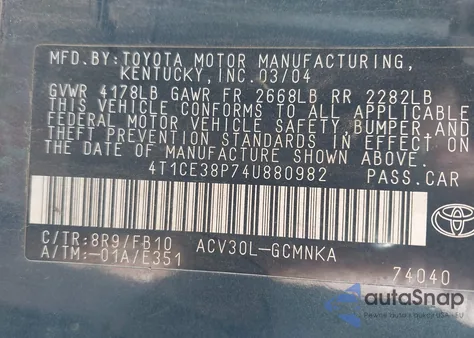 2004 Toyota Camry Solara Se from USA, damaged, VIN 4T1CE38P74U880982